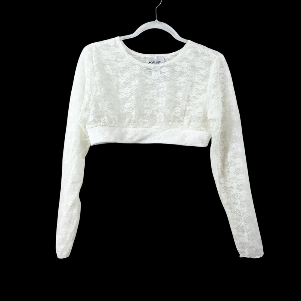 Cozee‎ Corner Womens White Floral Lace Sheer Crop Top Long Sleeve Large 67190